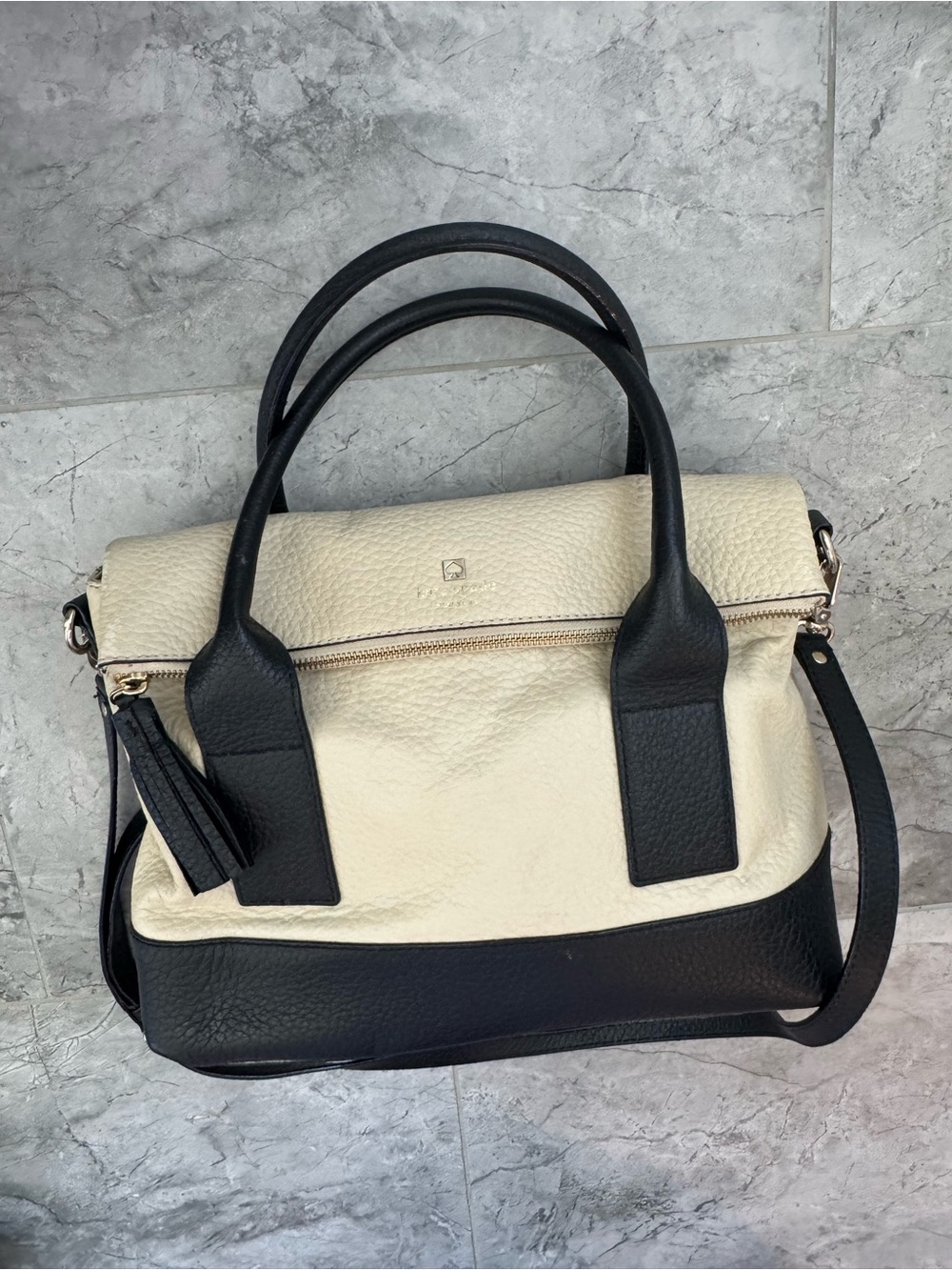 kate spade Cream and Black Leather Satchel with Top Handles